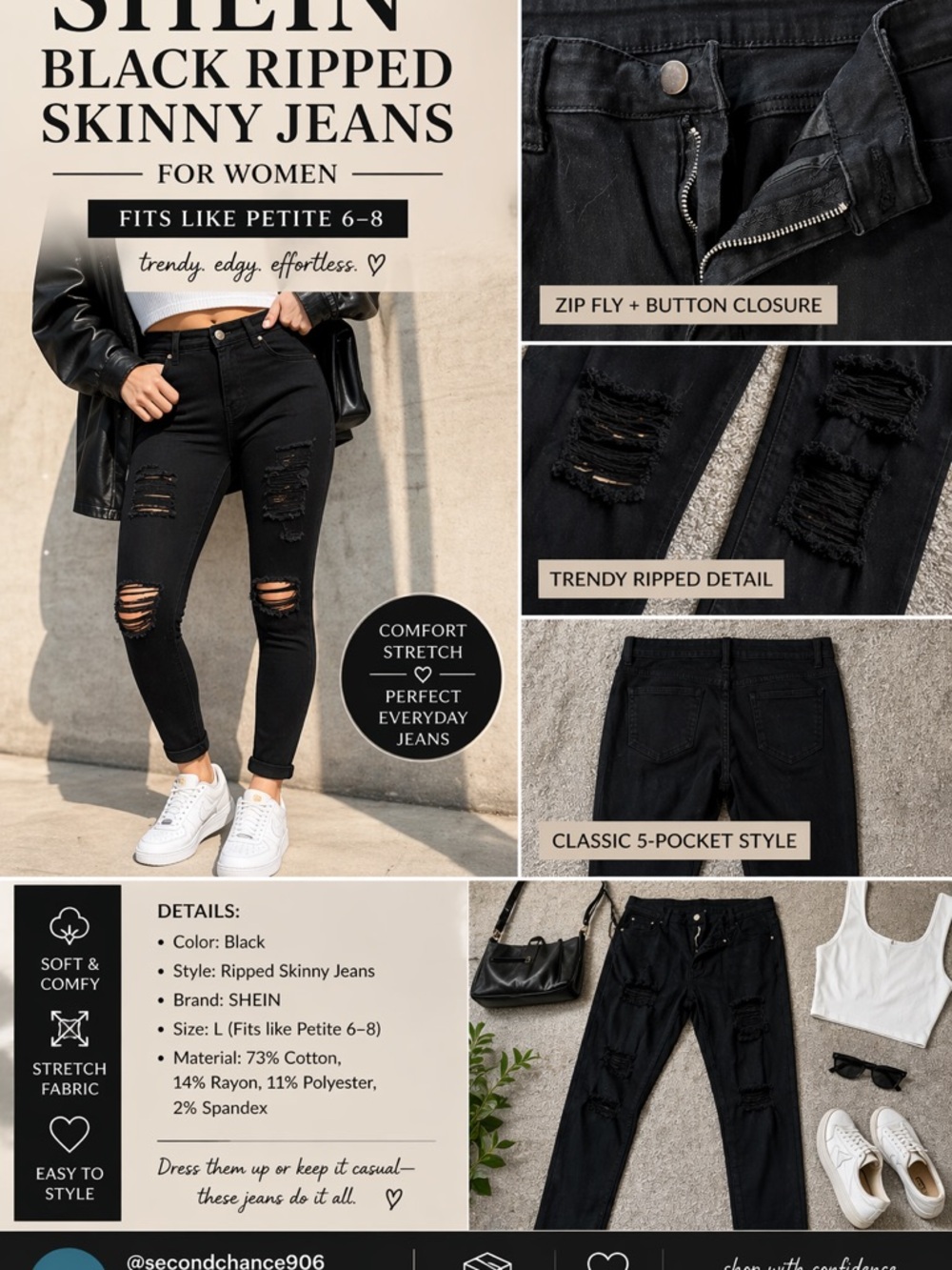 SHEIN Black Ripped Skinny Jeans – Women’s Petite 6/8 (Size L Tag)